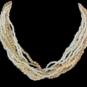VINTAGE STYLE CHOKER WITH MULTI STRANDS OF KHAKI BROWN AND CREAM BEADS 16 IN